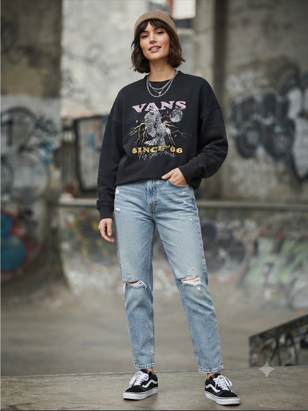 Vans Black Crewneck Sweatshirt with Pink Logo and Yellow Graphic size small